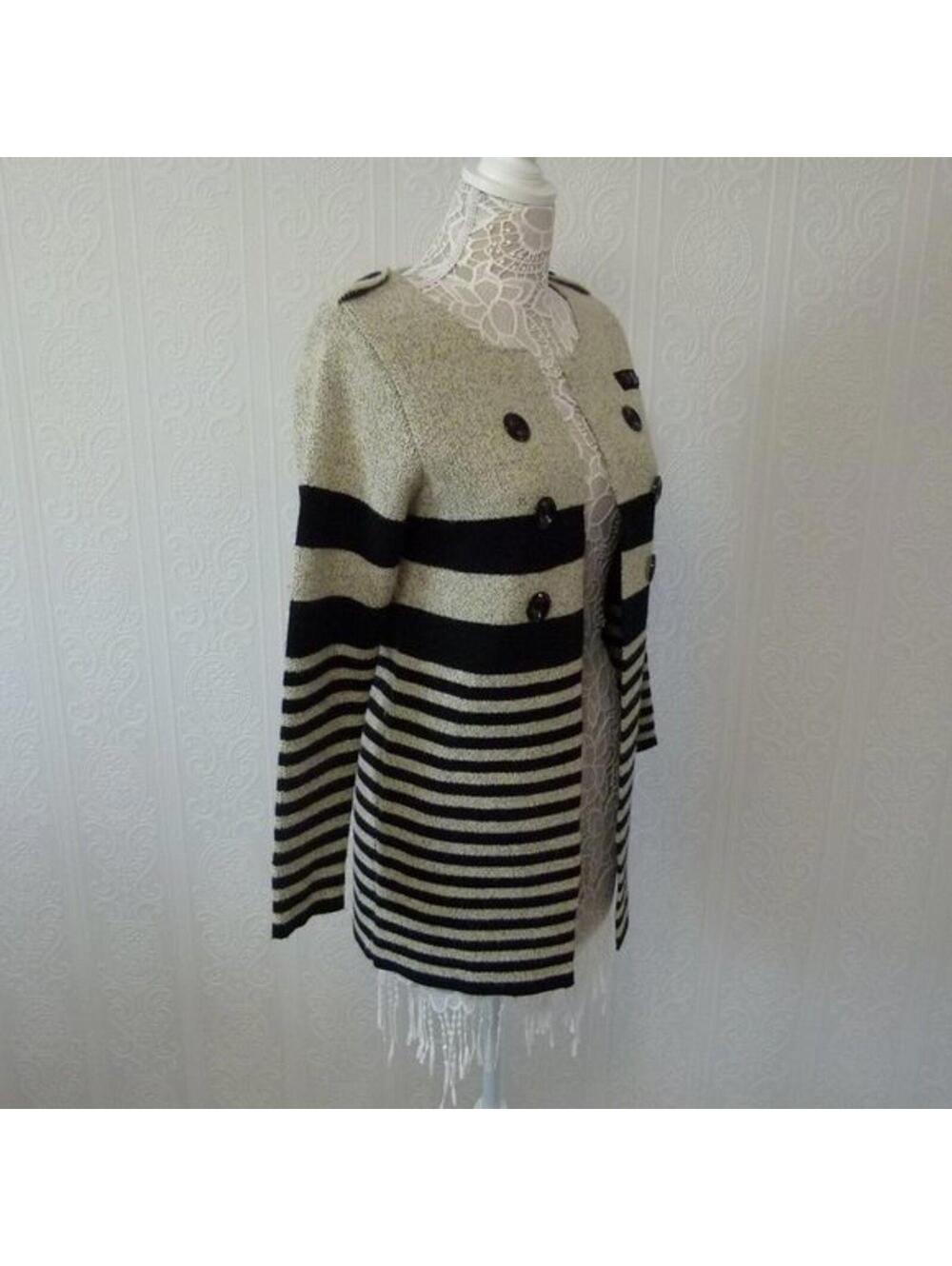 Keren Hart Striped Cardigan Sweater Gray Black Button Front Medium
